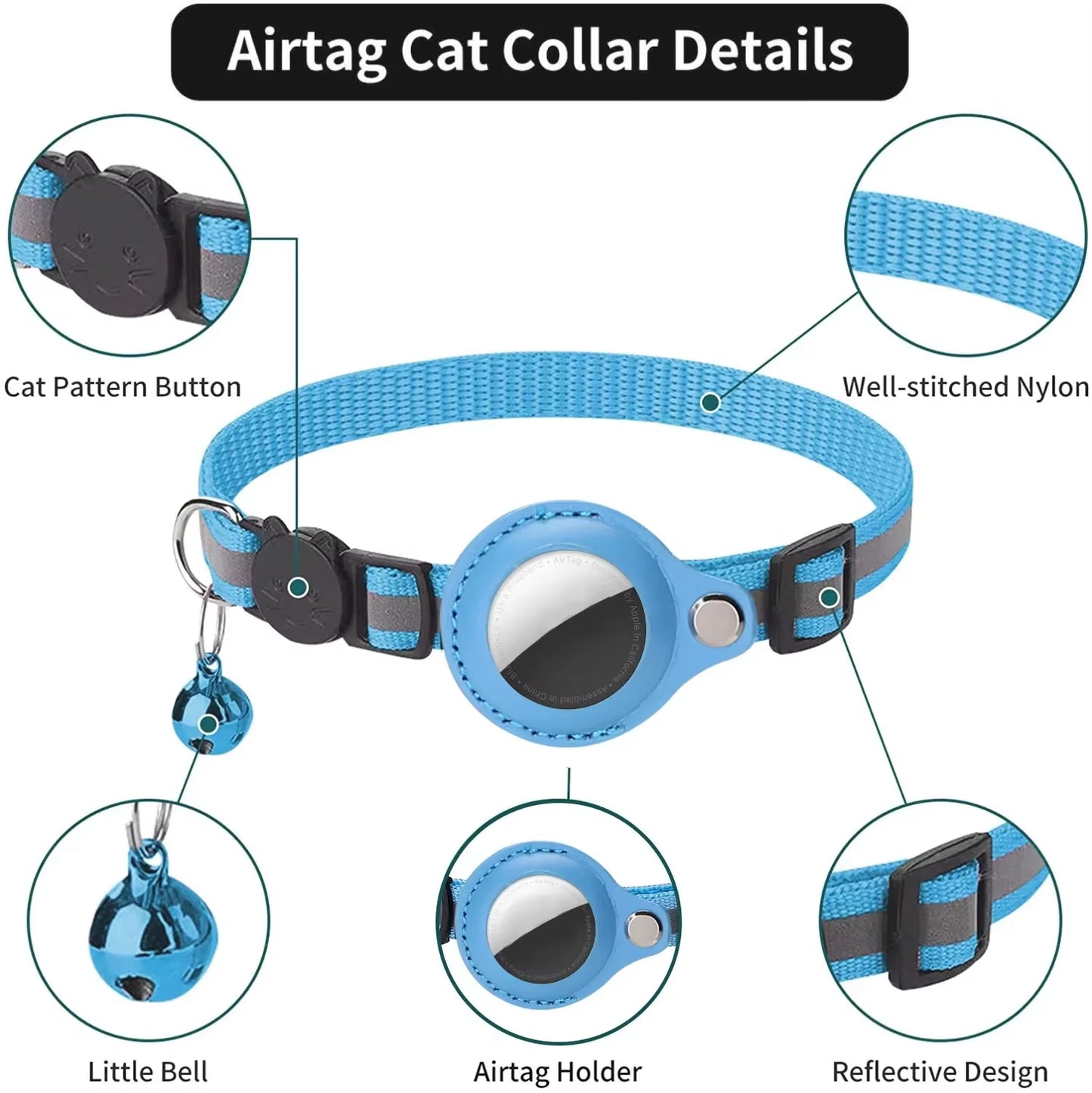 Cat Airtag Holder Collar Breakaway Reflective Strips Adjustable Kitten Collar Waterproof Cat Bell Collar Pet Air Tag Case Pets